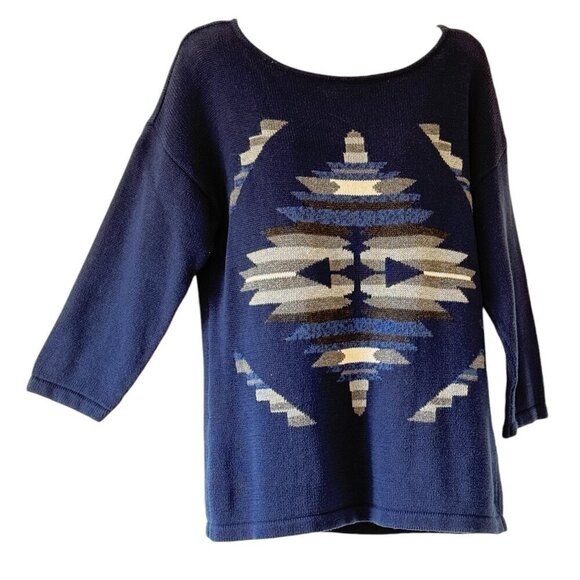 Cotton Western Sweater by Chaps Denim Aztec Print Navy Women NO SIZE TAG Medium - Picture 2 of 6